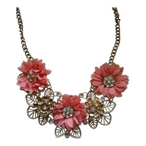 Floral Gold and Coral Statement‎ Bib Necklace